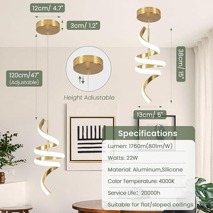 Spiral LED Pendant Light Fixtures, 15IN Modern Pendant Lights Adjustable Height 4000K Gold Kitchen Island Light Chandeliers for Dining Room Hanging Lights, 1 Pack