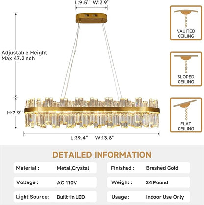 Modern Gold Crystal Led Chandelier: 39.3" Rectangular 3 Color K9 Living Room Dimmable Chandeliers - Luxury Rectangle Linear Crystals Contemporary Oval Light Fixture for Bedroom Entryway with Remote