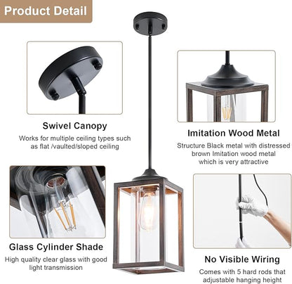 Farmhouse Pendant Light in Wood and Metal Cage, Rustic Pendant Light with Glass, Adjustable Hanging Light Fixtures, Mini Pendant Lighting for Kitchen Island, Hallway, Foyer (Square Brown-2 Pack)