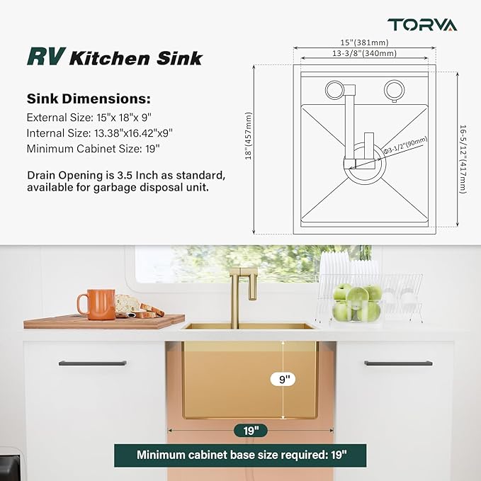 TORVA Gold RV Sink, 15x18x9 Inch Drop-in Bar Sink, 16 Gauge Stainless Steel Single Bowl Kitchen Sink with Nano Coating, Durable & Rustproof RV Sink for Camper Van and Motorhome