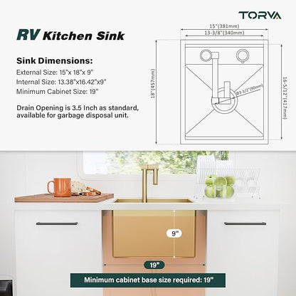 TORVA Gold RV Sink, 15x18x9 Inch Drop-in Bar Sink, 16 Gauge Stainless Steel Single Bowl Kitchen Sink with Nano Coating, Durable & Rustproof RV Sink for Camper Van and Motorhome
