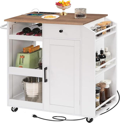 MAHANCRIS Kitchen Island with Power Outlet, Kitchen Storage Island with Drawer, Rolling Kitchen Cart on Wheels, Spice Rack, Towel Rack, Wine Rack, for Dining Room, White and Walnut KIBZ122E01