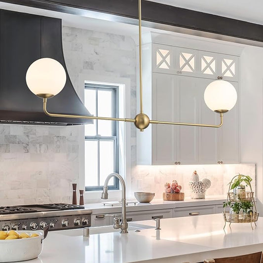 EDISLIVE Modern Milk Globe Chandelier 2-Light Frosted Glass Globe Pendant Light Fixture 47.2in E12 Linear Hanging Lighting for Kitchen Island Dinning Room Living Room Gold