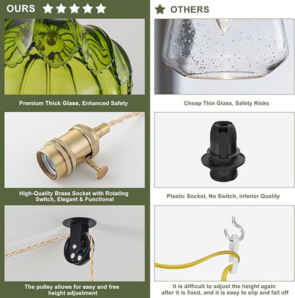 2 Pack Plug in Pendant Light Fixtures, Hanging Light Fixture Glass Pendant Light, Vintage Green Hanging Lamp, Pendant Lighting for Kitchen Island, Bedroom, Dining Room, Living Room