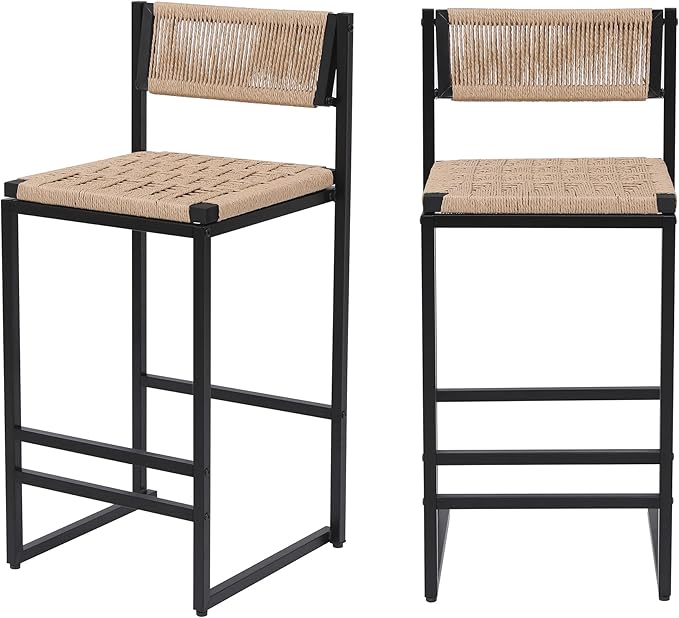 Modern Dining Chairs,Elegant American Design,Offering & Stylish,Hand Woven Paper Rope Bar Stools Set of 2,Solid Wood Frame Counter Height with Metal Legs for Island,Farmhouse Furniture,Honey-PaperRope