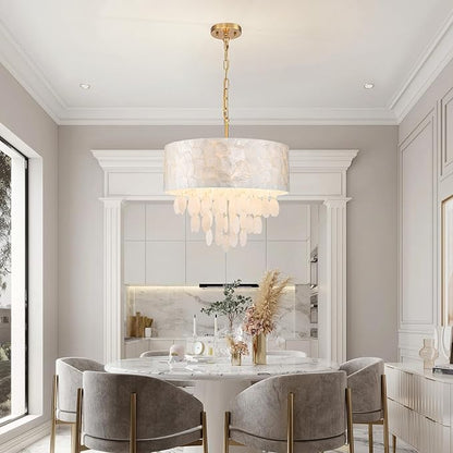 LumFurn 4-Light Drum Capiz Shell Chandeliers, Coastal Style Pendant Light Fixture for Dining Room, Living Room, D18 x 21~68"(Adjustable Height), Shell Lampshade & Gold Finish