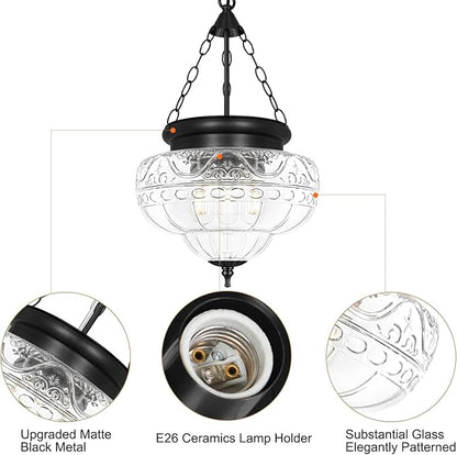 3-Light Matte Black Pendant Lights with 12In Floral Glass, Penant Lighting Fixtures with Adjustable Chain, Vintage Pendant Lights Kitchen Island, Hanging Light Fixtures for Dining Room, Entryway, E26