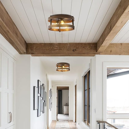 JONATHAN Y 16" Dark Brown Wood and Oil Rubbed Bronze 3-Light Iron Flush Mount, Farmhouse Industrial Round Ceiling Light for Kitchen Bedroom Hallway, LED Bulbs Included JYL1305A