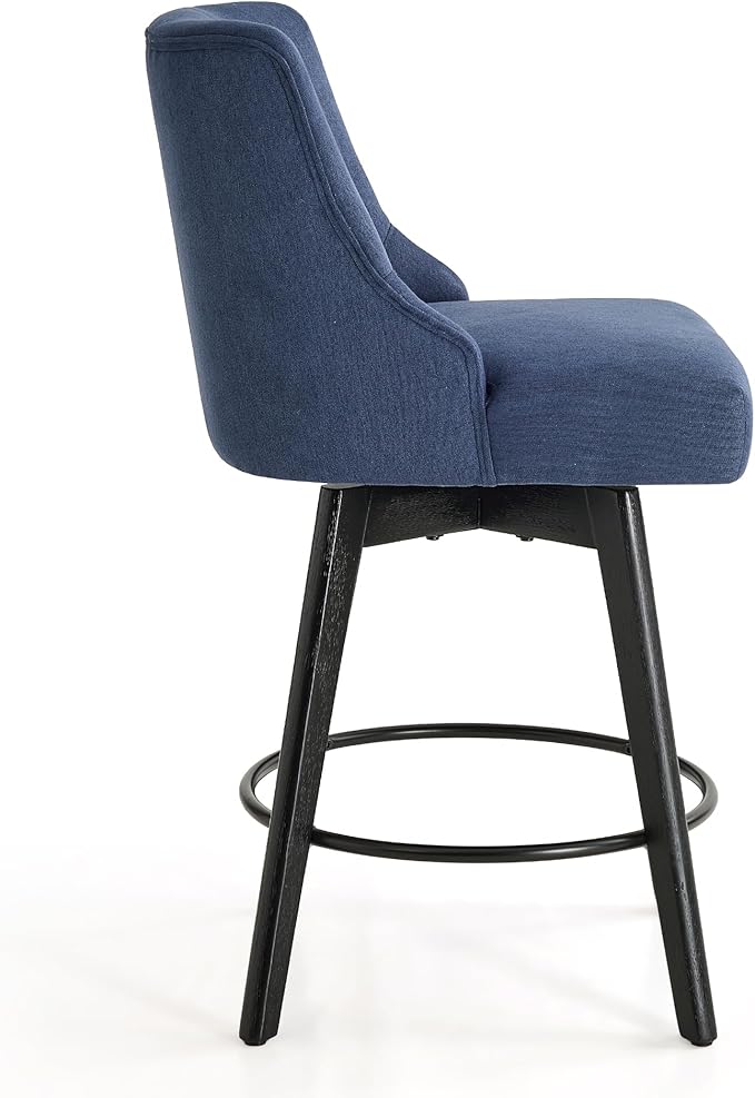 Vipbear Counter Height Bar Stools Set of 3, 26" H Swivel Bar Stools with Backs, Linen Fabric Upholstered Bar Chairs with Solid Wood Legs for Kitchen Island, Dining Room, Home Bar, Deep Blue