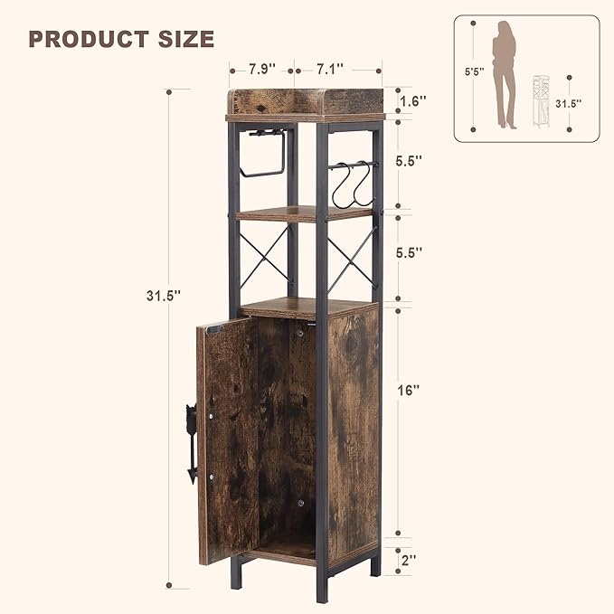 VECELO Small Bathroom Storage Cabinet, Slim Toilet Paper Holder with Shelves & Metal Racks, Organizer Cabinet for Narrow Spaces, Rustic Brown, Farmhouse Style