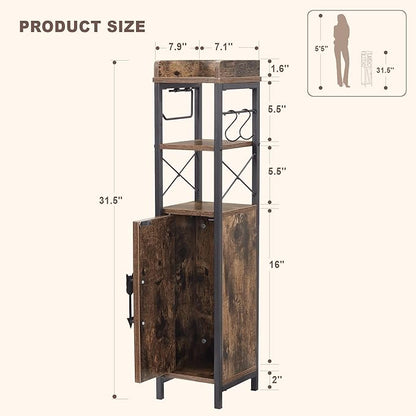VECELO Small Bathroom Storage Cabinet, Slim Toilet Paper Holder with Shelves & Metal Racks, Organizer Cabinet for Narrow Spaces, Rustic Brown, Farmhouse Style