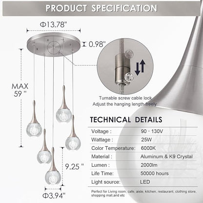 5 Lights Crystal Pendant Light, Brushed Nickel 25W Dimmable LED Teardrop Cluster Pendant Lighting Fixture for Dining Room Over Kitchen Island Bathroom Room Foyer Hallway Bedroom 6000k Cold White