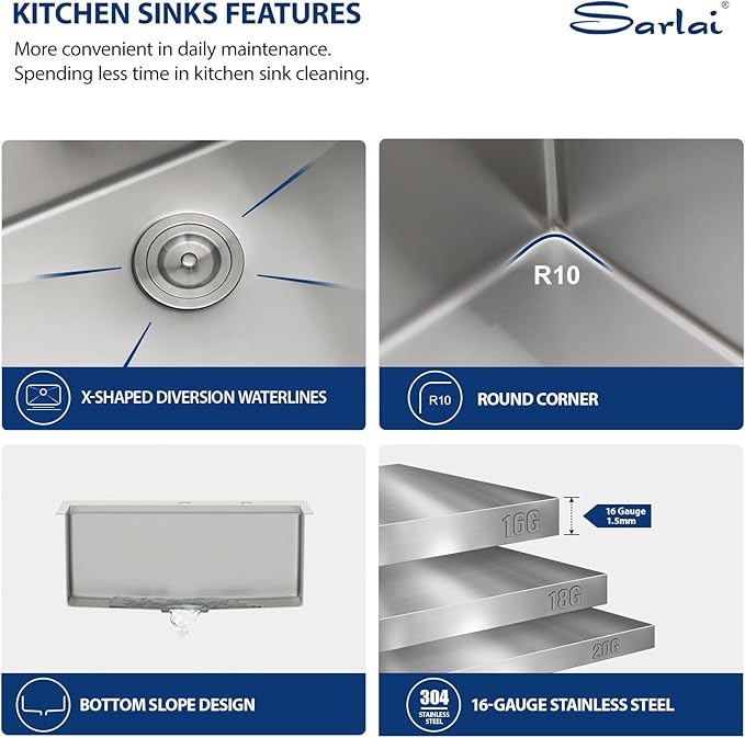 Sarlai 25 Kitchen Sink Drop-In Workstation - 25 x 22 Inch Topmount Ledge Stainless Steel 16 Gauge Single Bowl Over Counter for Kitchen, Laundry, Utility Room