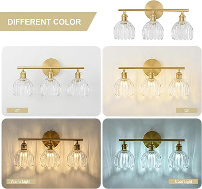 Gold Bathroom Light Fixtures Over Mirror, 3 Light Bathroom Vanity Light Fixture with Tulip Transparent Glass Lampshade, Vintage Vanity Lights for Bathroom, Bathroom Vanity Lights Over Mirror