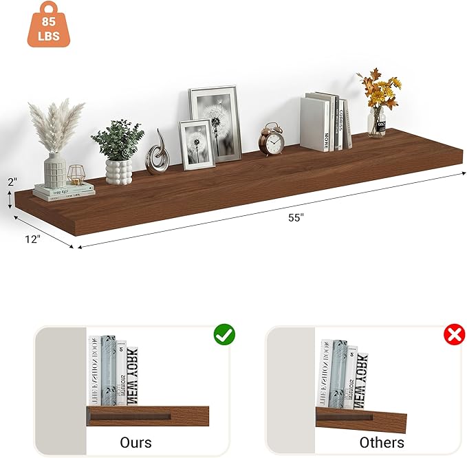 Heimlove 12 Inch Deep Floating Shelves, 55 x 12 inches Long Wall Shelf, Large Extra Display Shelf & Storage Shelf, Rustic Wood Wall Shelves for Fireplace Mantel, Set of 1(Walnut)