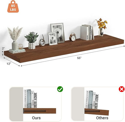Heimlove 12 Inch Deep Floating Shelves, 55 x 12 inches Long Wall Shelf, Large Extra Display Shelf & Storage Shelf, Rustic Wood Wall Shelves for Fireplace Mantel, Set of 1(Walnut)