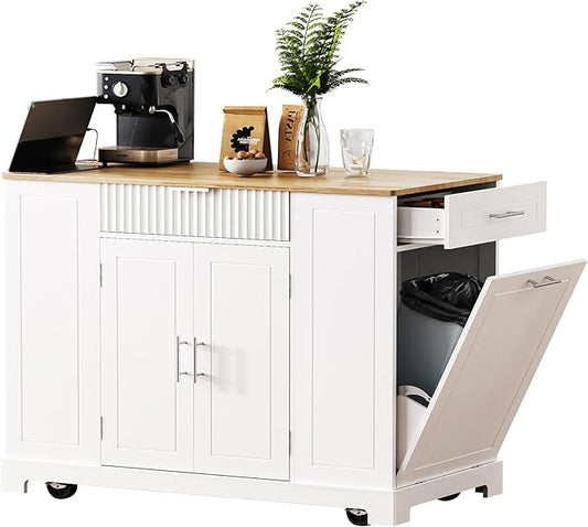 Modern Dining Table Kitchen Island with Drawers, Fluted Design, Power Outlet, Shelves, Mobile Rolling Cart for Dining Room and Kitchen,White-MDF