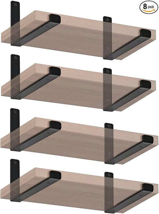 8 Pack - 11.25" L x 6" H x 1.5" W J Lip Shelf Brackets Rustic Farmhouse Iron Wall Floating Shelf Bracket Metal Shelf Bracket Industrial Shelf Supports with Screws Black