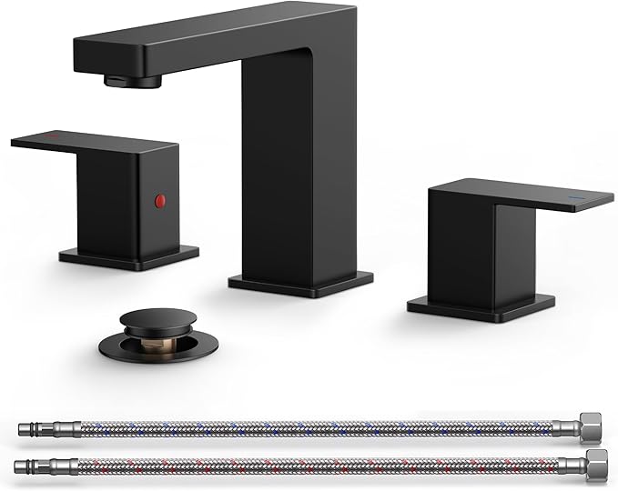 QFN Lead-Free Matte Black Bathroom Faucet 3 Hole, Square Bathroom Sink Faucet 8 Inch Widespread, 2 Handle for 4"-12" Vanity Sink with Metal Pop Up Drain and 24" cUPC Supply Hoses