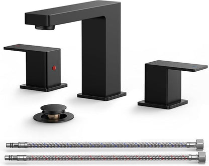 QFN Lead-Free Matte Black Bathroom Faucet 3 Hole, Square Bathroom Sink Faucet 8 Inch Widespread, 2 Handle for 4"-12" Vanity Sink with Metal Pop Up Drain and 24" cUPC Supply Hoses