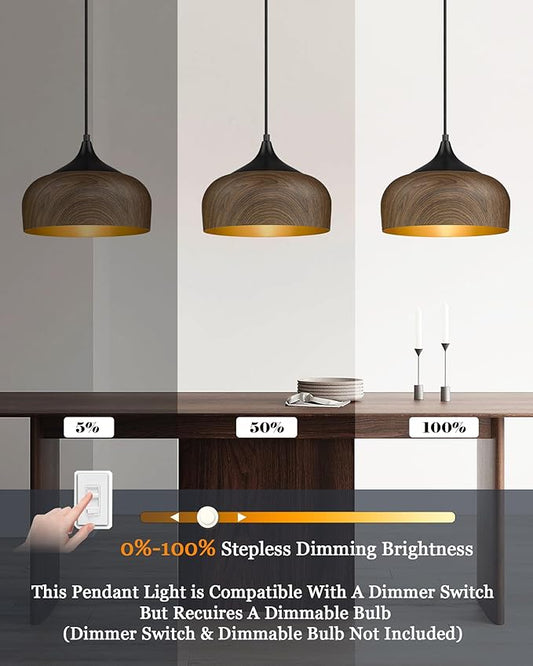 ELYONA Modern Pendant Light Walnut Wooden Pattern Dome Pendant Light Fixture Matte Black Metal Gold Inner Finish Adjustable Hanging Lighting for Kitchen Island Dining Room Office Hallway Foyer Bedroom