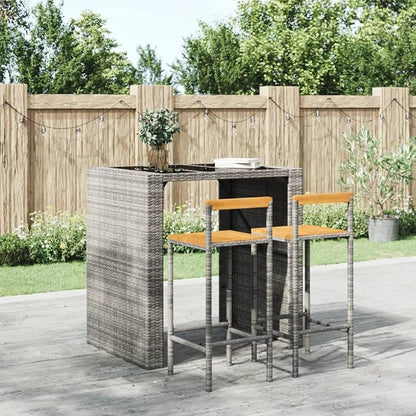 Modern Grey Poly Rattan Bar Stool Set of 2 with Acacia Wood Accents and Footrests for Indoor Outdoor Dining, Durable Steel Frame and Comfortable Seating