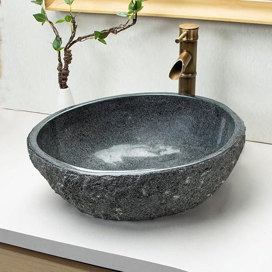 100% Pure Hand Carved Surface Bathroom Sinks - Dark Gray Stone Vanity Sinks - Black Speckled Vanity Sinks, Personalized Sinks, Rustic Farmhouse Style