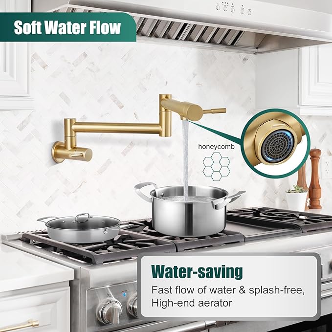 Heyalan Pot Filler 19 Inch Wall Mount Folding Stretchable Kitchen Restaurant Faucet Stainless Steel Pot Filler Double Joint Swing Arm Two Handles Commercial NPT,Straight Handle,Brushed Gold