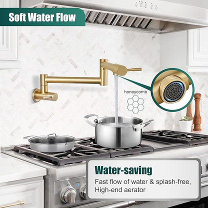 Heyalan Pot Filler 19 Inch Wall Mount Folding Stretchable Kitchen Restaurant Faucet Stainless Steel Pot Filler Double Joint Swing Arm Two Handles Commercial NPT,Straight Handle,Brushed Gold