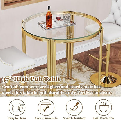 37" Round Bar Table for 2 4, Modern High Pub Table with Clear Tempered Glass Top and Polished Gold Stainless Steel Legs, Counter Height Table for Kitchens, Apartments, and Small Spaces