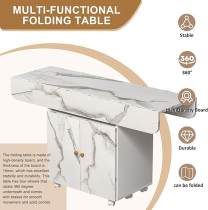 Multi-Functional Folding Dining Table with Storage Cabinet and Wheels - Marble Texture MDF Kitchen Island, Console Table, Desk - Space Saving Furniture for Small Spaces,47.24"L x 28.35"W x 29.92"H