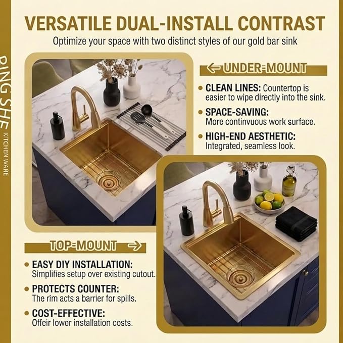 LQS Gold Undermount Bar Sink, Gold Wet Bar Sink and Deep Kitchen Sink 15" x 17" RV Sink, 16 Gauge Stainless Steel Kitchen Sink with Brushed Finish For RV, Laundry, Outdoor and Prep Use, 10" Depth