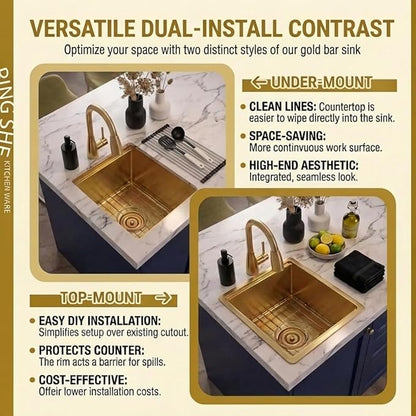 LQS Gold Undermount Bar Sink, Gold Wet Bar Sink and Deep Kitchen Sink 15" x 17" RV Sink, 16 Gauge Stainless Steel Kitchen Sink with Brushed Finish For RV, Laundry, Outdoor and Prep Use, 10" Depth