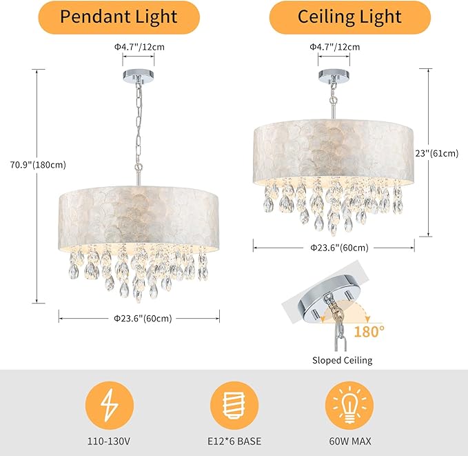 LumFurn X-Large 6-Light Drum Capiz Shell Crystal Chandeliers, Coastal Style Pendant Light Fixture for Dining Room, Living Room, D24 x H23~71 inch(Adjustable), Shell Lampshade & Chrome Finish