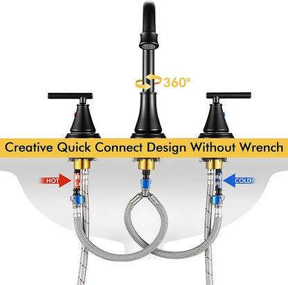 Fransiton Black 8 Inch Widespread Bathroom Sink Faucet 3 Hole, Bathroom Vanity Faucet with Metal Pop-up Drain Assembly, 2 Handle Basin Supply Hoses