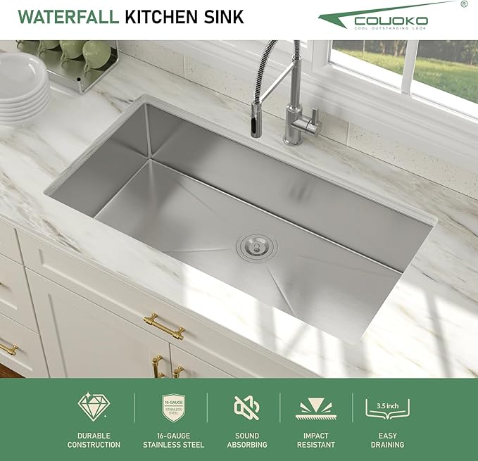 36 Inch Undermount Kitchen Sink 16 Gauge Stainless Steel Single Bowl Rectangular Handmade Sinks Large Deep Under Counter Basin, 36"x19"x9"