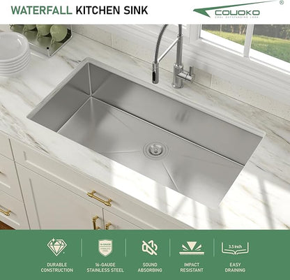 36 Inch Undermount Kitchen Sink 16 Gauge Stainless Steel Single Bowl Rectangular Handmade Sinks Large Deep Under Counter Basin, 36"x19"x9"