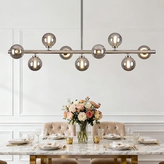 Mid Century Modern Globe Sputnik Chandelier, 9-Light Linear Chandeliers for Dining Room and Kitchen Island, Dining Light Fixture Over Table, Nickel and Smoke Grey Glass Bubble, 40 Inch