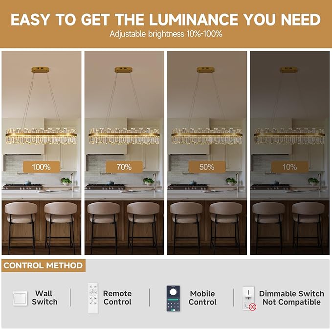 Modern Gold Crystal Led Chandelier: 39.3" Rectangular 3 Color K9 Living Room Dimmable Chandeliers - Luxury Rectangle Linear Crystals Contemporary Oval Light Fixture for Bedroom Entryway with Remote