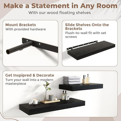 Marsmiles 12" Deep Floating Shelves for Wall with Invisible Brackets, Wall Mounted Engineered Wood Shelves with Wood Grain for Living Room, Bedroom, Kitchen Decor and Storage, 36" L Set of 1, Black