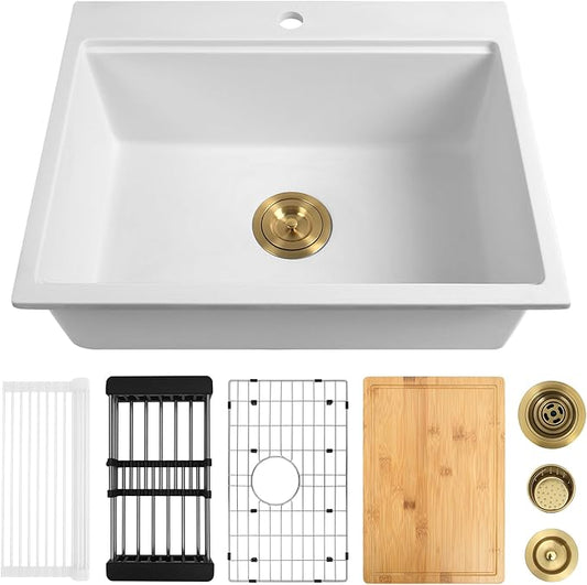 White Drop in Kitchen Sink 25 Inch - Undermount Granite Quartz Composite Workstation Sink - Deep Single Bowl,Dual Mount,with Accessories (White, 24.81" X 19.29")