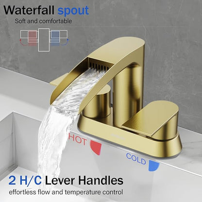 Bathroom Sink Faucet for 3 Hole, Hurran 4 Inch Faucets with Pop-up Drain, Stainless Steel 2-Handle Waterfall Faucet for Bathroom Sink, Brushed Gold