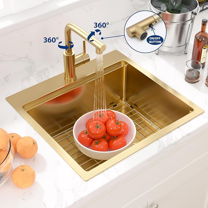 Sarlai 21 Gold Kitchen Sink with Faucet- 21x20 Inch Drop In Kitchen Sink Gold Ledge Workstation Sinks 16 Gauge Stainless Steel Single Bowl Topmount Sinks with Pull-out Faucet
