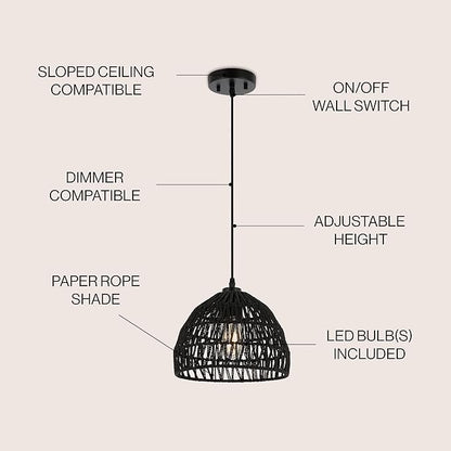 JONATHAN Y 10.25" Black Modern Bohemian Woven Rope LED Pendant Light Fixture, Adjustable Dome Ceiling Lamp for Kitchen Island, Rope Shade, Coastal Farmhouse Decor (JYL6513B)