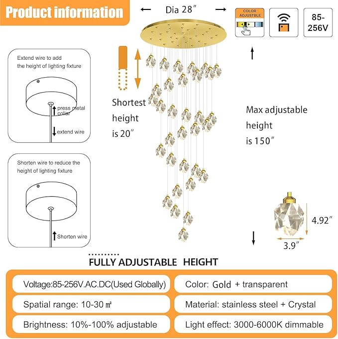 Gold Spiral Staircase Crystal Chandeliers 32-Lights 150 inch Long High Ceiling Chandelier Entrance Foyer Flush Mount Slopped Inclined Ceiling LED Dimmable 3000-6000K