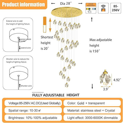 Gold Spiral Staircase Crystal Chandeliers 32-Lights 150 inch Long High Ceiling Chandelier Entrance Foyer Flush Mount Slopped Inclined Ceiling LED Dimmable 3000-6000K