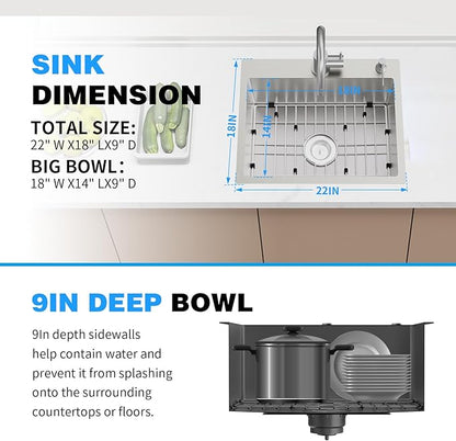 22x18 Inch Kitchen And Bar Sink - Stainless Steel Drop In Small Single Bowl Kitchen Sink With Bottom Grid,Soap Mat And Drain Assembly Set