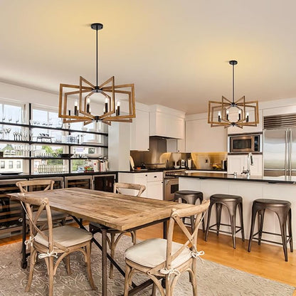 27.6" Farmhouse Chandelier, 8-Light Geometric Dining Room Light Fixture Over Table, Modern Kitchen Island Lighting, Industrial Metal Hanging Pendant Lights for Foyer, Hallway, Entryway(Wood Grain)