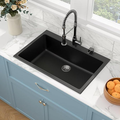 Sarlai 33 Granite Composite Kitchen Sink - 33"×22" Granite Kitchen Sink Drop In Topmount Matte Black Quartz Classic Above Counter Single Bowl Basin