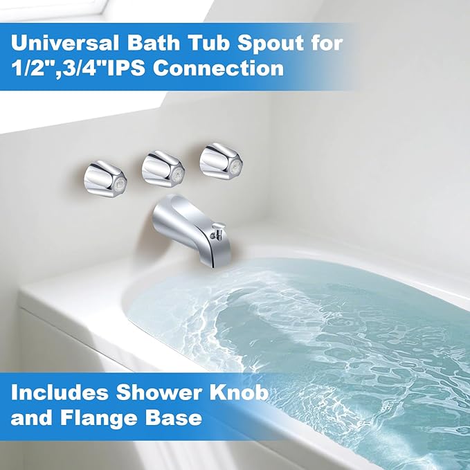 Tub Shower Trim Kit, Shower Knob 3 Piece and Bath Tub Spout, for Price/Pfister Verve and 3 Handle Tub Faucet, for 1/2" Copper Connection, 1/2" and 3/4" Male Thread Connection (Chrome)